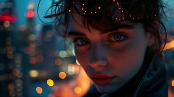 AI generated Determined Young Woman Gazes into City Lights at Dusk Eyes Filled with Hope photo
