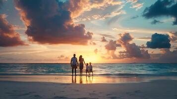 AI generated Happy Family of Four Embracing Sunset on White Sand Beach with Ocean and Colorful Sky photo