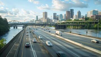 AI generated City Skyline Embraces Riverfront Life with Bridges Highways and Boats photo