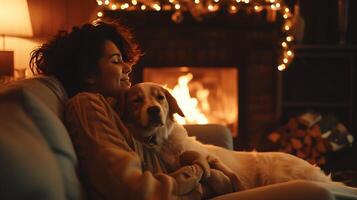 AI generated Intimate Moment Person and Beloved Pet Share Cozy Fireplace Scene Radiating Warmth and Affection photo