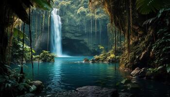 AI generated Tropical rainforest, green trees, flowing water, tranquil scene generated by AI photo