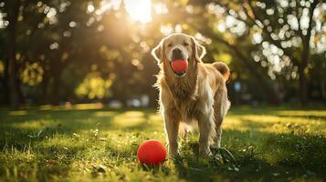 AI generated Golden Retriever Basks in Soft Natural Light Amid Wildflower Field photo