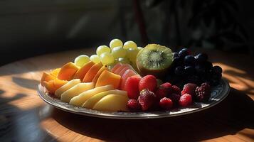 AI generated Assorted Fresh Fruit Platter Glows in Soft Natural Light on Wooden Surface photo