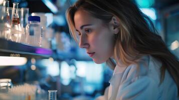 AI generated Female Scientist Conducts Research at Microscope in Lab Setting photo