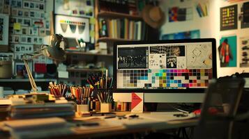 AI generated Designers Desk Graphic Design Resources Illuminated by Soft Natural Light photo