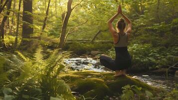 ai generado tranquilo yoga práctica en iluminado por el sol bosque claro rodeado por naturalezas pacífico presencia foto