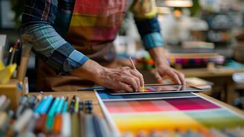 AI generated Creative Graphic Designer Immersed in Work with Digital Tablet at Cluttered Desk Surrounded by Color Swatches and Sketchbooks photo