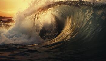 AI generated Surfing the sunset wave, nature extreme adventure generated by AI photo