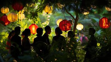 AI generated Cultural Diversity Embraced in Serene Garden Ambiance Beneath Paper Lanterns Symbolizing Unity in Harmony photo