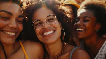 ai generado abrazando diversidad un de cerca Disparo de sonriente grupo reflejando unidad en sociedad foto