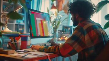 AI generated Digital Artist Immersed in Creative Chaos at Workstation Surrounded by Color Swatches Pencils and Sketchbooks photo