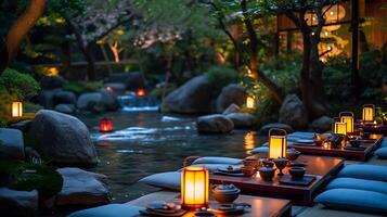 AI generated Japanese Tea Ceremony Elegance by Riverside with Cherry Blossoms Lanterns and Delicate Tea Sets photo