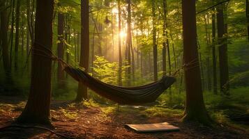 ai generado tranquilo bosque claro hamaca capullo amable corriente yoga estera nutriendo abrazo de naturaleza foto