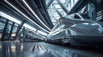 AI generated Sleek Silver Bullet Train Speeds Through Modern Futuristic Station in Close Up 50mm Shot photo