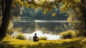 ai generado tranquilo orilla del lago meditación luz de sol naturaleza y pacífico ambiente foto