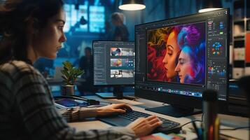 AI generated Creative Designer Engages with Colorful Design Software and Graphic Elements in Modern Workspace photo