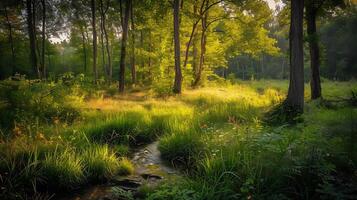 ai generado tranquilo bosque claro bañado en dorado ligero sereno sonidos y vibrante armonía foto