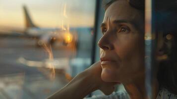 ai generado mujer contempla partiendo avión mediante ventana 50 mm lente capturas sereno íntimo momento por el vaso foto