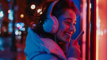 AI generated Young Woman Smiles with Wireless Earbuds Enjoys TechSavvy Moment at Colorful Desk photo