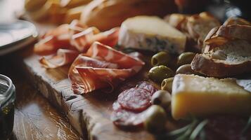 ai generado ingeniosamente arreglado charcutería tablero con quesos carnes y frutas iluminado por suave natural ligero foto