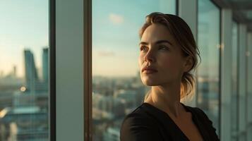 AI generated Confident Businesswoman Strategizes in Modern Office Overlooking City Skyline Captured with 50mm Lens photo