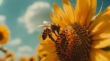 ai generado abeja cosechas polen desde girasol en medio de suave natural ligero con macro lente foto