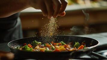 AI generated Chef Sprinkles Herbs on Gourmet Dish with Elegant Table Setting Bathed in Soft Natural Light photo