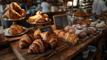 AI generated Warm and Rustic Bakery Display Showcasing Freshly Baked Croissants and Pastries photo