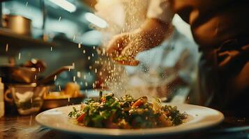 AI generated Chef Sprinkles Herbs on Sizzling Vegetables in Soft Natural Light Commercial Kitchen photo