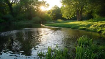 AI generated Tranquil Sunset Pond Solitary Yoga Practice in Harmonious Nature photo