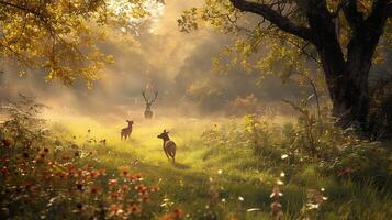 AI generated Playful Dogs Chase in Sunlit Meadow as Deer Graze Peacefully Creating a Tranquil Symphony of Nature photo