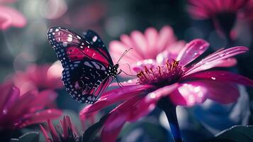 ai generado delicado mariposa descansa en vibrante rosado flor bañado en suave natural ligero foto