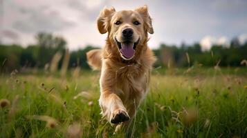 AI generated Golden Retriever Races Through Sunset Meadow in Expansive Landscape Captured with Wide Angle Lens photo