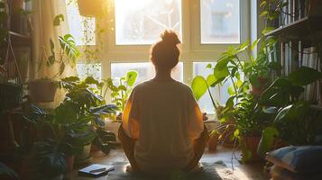 AI generated Tranquil Mindfulness Sunlit Room Greenery and Gentle Reflections Encourage Peaceful SelfCare photo