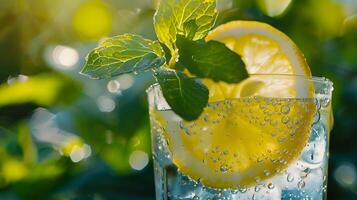 AI generated Iced Lemonade Refreshment Macro Shot Capturing Condensation and Lemon Slice Dreamy Softly Blurred Background photo