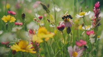 ai generado abeja polinizando vistoso flor silvestre en lozano prado capturado con macro lente foto