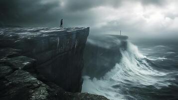 AI generated Resolute Figure Stands at Cliffs Edge Gazing at Turbulent Ocean with Hopeful Glimmer of Lighthouses Guidance photo