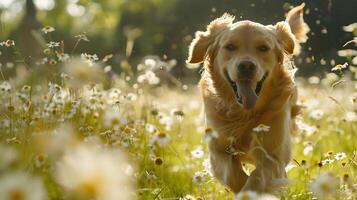 AI generated Golden Retriever Frolics in Sunlit Field Captured with Warm 50mm Lens CloseUp photo