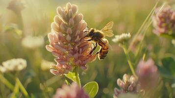 ai generado macro Disparo capturas abeja polinizando vibrante flor silvestre en borroso prado antecedentes foto