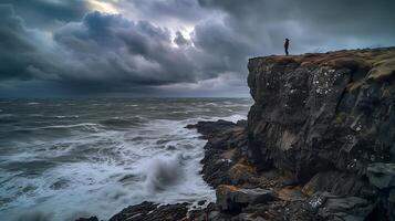 AI generated Resilience Amidst Turbulent Elements Figure Stands Tall on Rugged Cliff Embracing Daunting Landscape with Strong and Resolute Posture photo