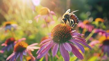 ai generado ocupado abeja macro lente capturas polinización en iluminado por el sol jardín foto