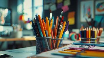 AI generated Creative Workspace Colorful Tools and Design Sketches on Graphic Designers Desk photo