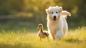 AI generated Unlikely Animal Companions Fluffy Dog and Duck Embrace Heartwarming Friendship in Sunlit Meadow photo