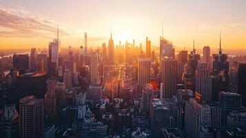 ai generado bullicioso ciudad horizonte brilla en puesta de sol con imponente rascacielos y urbano paisaje desde aéreo perspectiva foto