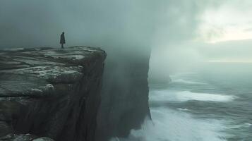 ai generado solitario figura soportes firma mirando a turbulento Oceano encarnando esperanza y Resiliencia foto