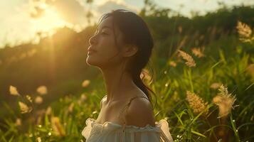 AI generated Woman Contemplates in Sunlit Meadow Lost in Thought photo