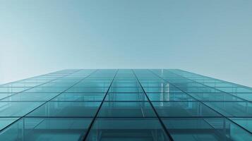 AI generated Modern Office Building Soars into Clear Blue Sky Captured with Dramatic 24mm Lens photo