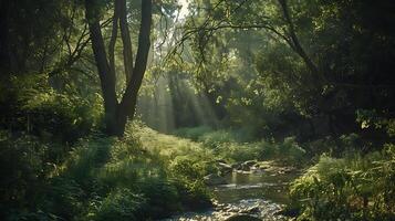 AI generated Lush Green Forest Bathed in Sunlight Creating Dappled Shadows photo