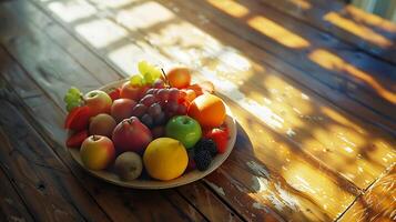AI generated Fresh Fruits and Vegetables in Rustic Crate Basked in Soft Natural Light photo
