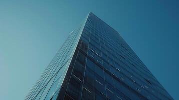 AI generated Modern Glass Skyscraper Soars Against Clear Blue Sky Captured in Wide Telephoto Shot from Low Angle photo